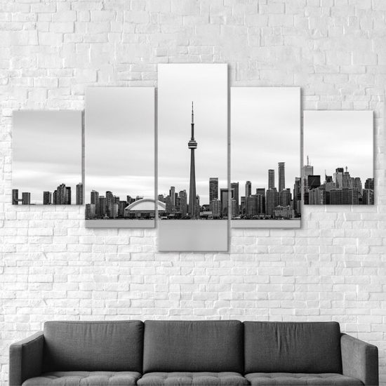 Toronto City Skyline Canada Black White Picture Scenery 5 Piece Five Panel Wall Canvas Print Modern Poster Wall Art Decor 2