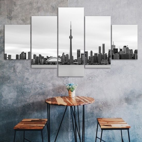 Toronto City Skyline Canada Black White Picture Scenery 5 Piece Five Panel Wall Canvas Print Modern Poster Wall Art Decor