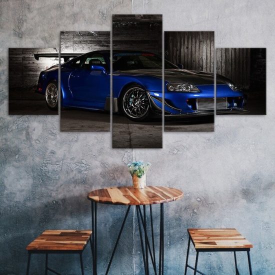 Toyota Supra Blue Coupe Sports Car Canvas 5 Piece Five Panel Print Modern Wall Art Poster Wall Art Decor