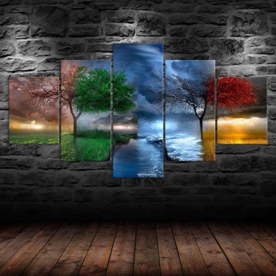 Tree Four Season Weather Colourful Nature 5 Piece Five Panel Canvas Print Modern Poster Wall Art Decor 1