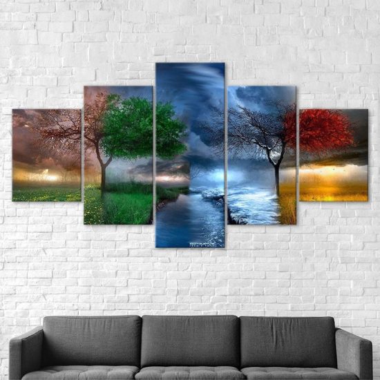 Tree Four Season Weather Colourful Nature 5 Piece Five Panel Canvas Print Modern Poster Wall Art Decor 2