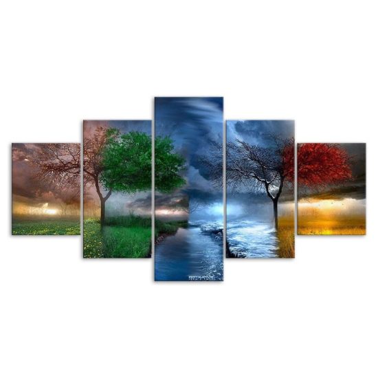Tree Four Season Weather Colourful Nature 5 Piece Five Panel Canvas Print Modern Poster Wall Art Decor 3