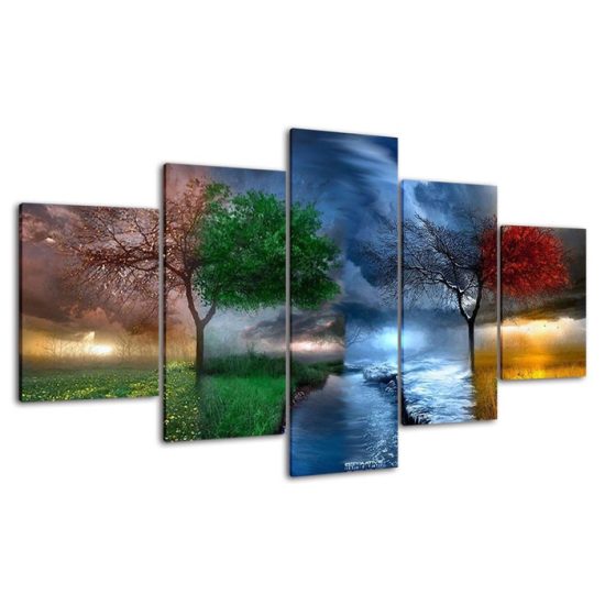 Tree Four Season Weather Colourful Nature 5 Piece Five Panel Canvas Print Modern Poster Wall Art Decor 4