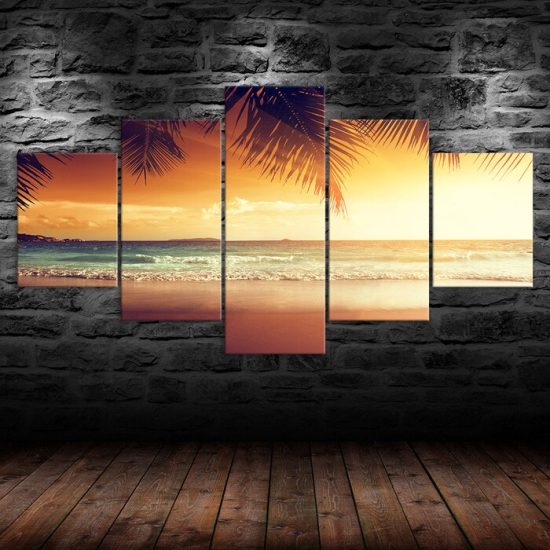 Tropical Beach Palm Tree Sunset Seascape 5 Piece Five Panel Wall Canvas Print Modern Art Poster Wall Art Decor 1