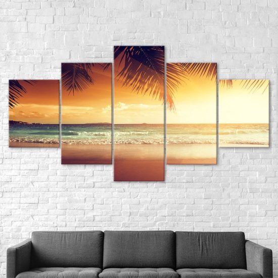 Tropical Beach Palm Tree Sunset Seascape 5 Piece Five Panel Wall Canvas Print Modern Art Poster Wall Art Decor 2