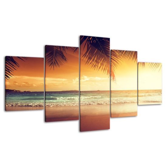 Tropical Beach Palm Tree Sunset Seascape 5 Piece Five Panel Wall Canvas Print Modern Art Poster Wall Art Decor 4