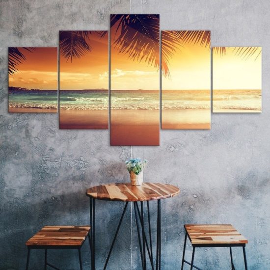 Tropical Beach Palm Tree Sunset Seascape 5 Piece Five Panel Wall Canvas Print Modern Art Poster Wall Art Decor