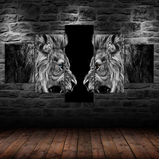 Two Lions Roaring Face to Face Black White Scene 5 Piece Five Panel Wall Canvas Print Modern Poster Wall Art Decor 1