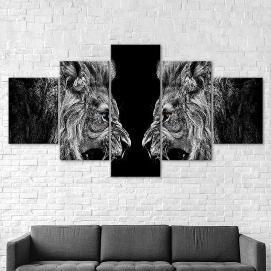 Two Lions Roaring Face to Face Black White Scene 5 Piece Five Panel Wall Canvas Print Modern Poster Wall Art Decor 2
