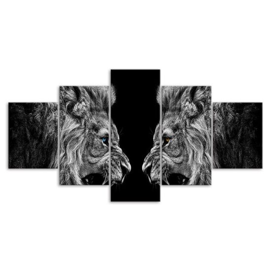 Two Lions Roaring Face to Face Black White Scene 5 Piece Five Panel Wall Canvas Print Modern Poster Wall Art Decor 3