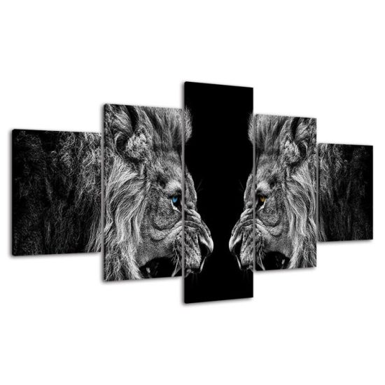 Two Lions Roaring Face to Face Black White Scene 5 Piece Five Panel Wall Canvas Print Modern Poster Wall Art Decor 4
