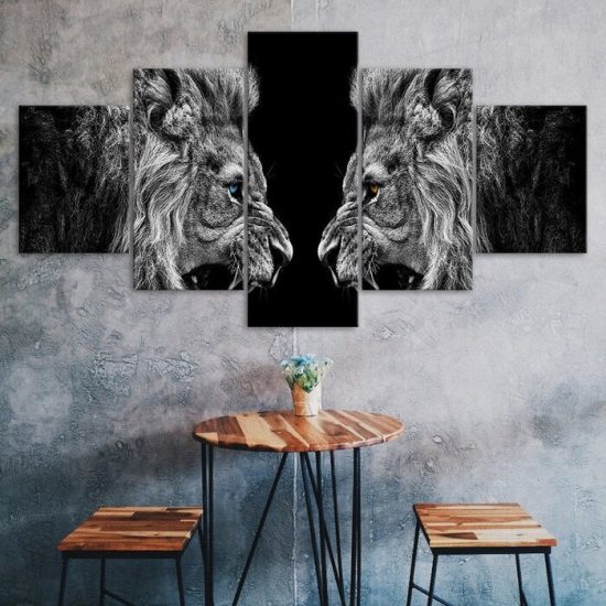 Two Lions Roaring Face to Face Black White Scene 5 Piece Five Panel Wall Canvas Print Modern Poster Wall Art Decor
