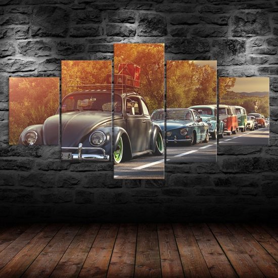 Vintage Beetle Cars Line Up Canvas 5 Piece Five Panel Print Modern Wall Art Poster Wall Art Decor 1
