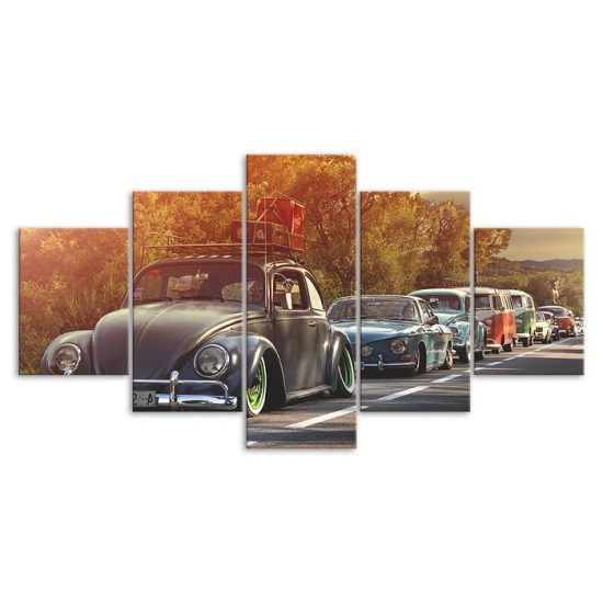 Vintage Beetle Cars Line Up Canvas 5 Piece Five Panel Print Modern Wall Art Poster Wall Art Decor 3