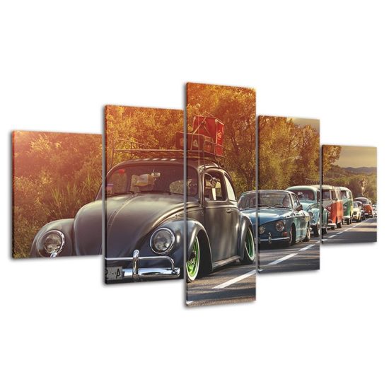 Vintage Beetle Cars Line Up Canvas 5 Piece Five Panel Print Modern Wall Art Poster Wall Art Decor 4