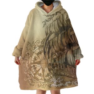 Vintage Black Print Compass & Pirate Boat Hoodie Wearable Blanket WB0320