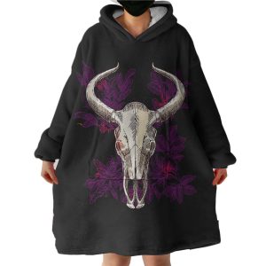 Vintage Dark Purple Floral Buffalo Skull Hoodie Wearable Blanket WB0291