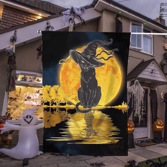 Vintage Halloween Scary Black Cat Witch Hat Moon Witchy Halloween Personalized Garden Flag House Flag Double Sided Home Design Outdoor Porch