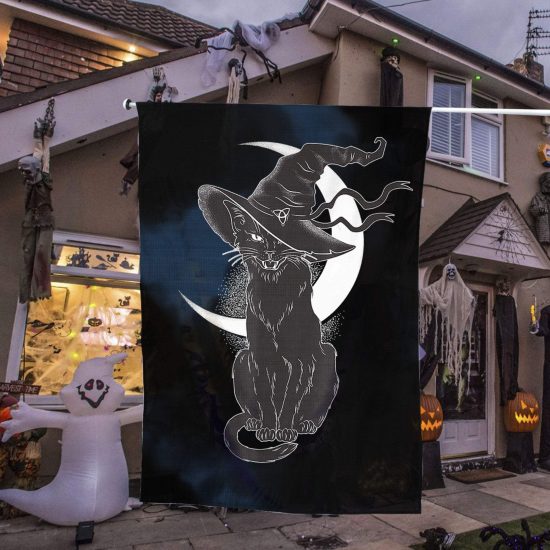 Vintage Scary Halloween Black Cat Costume Witch Hat Moon Personalized Garden Flag House Flag Double Sided Home Design Outdoor Porch