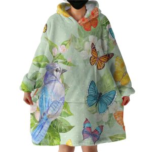 Watercolor Big Blue Sunbird & Colorful Butterflies Hoodie Wearable Blanket WB0285