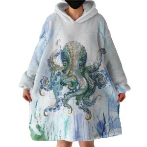 Watercolor Big Octopus Blue & Green Theme Hoodie Wearable Blanket WB0165