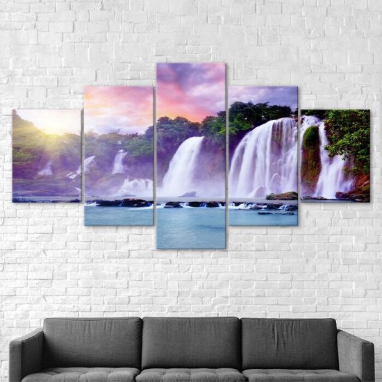 Waterfall Purple Sky Painting 5 Piece Five Panel Canvas Print Modern Poster Wall Art Decor 2