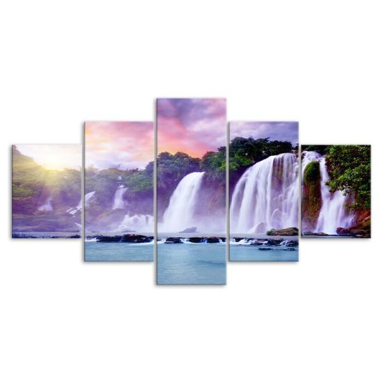 Waterfall Purple Sky Painting 5 Piece Five Panel Canvas Print Modern Poster Wall Art Decor 3