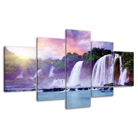 Waterfall Purple Sky Painting 5 Piece Five Panel Canvas Print Modern Poster Wall Art Decor 4