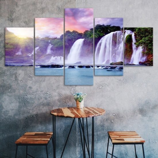 Waterfall Purple Sky Painting 5 Piece Five Panel Canvas Print Modern Poster Wall Art Decor