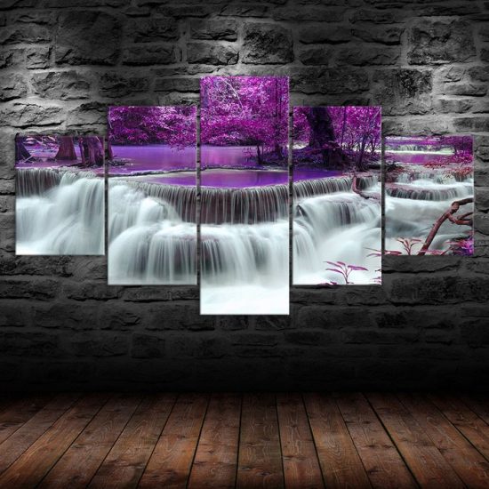 Waterfall in Purple Forest Canvas 5 Piece Five Panel Wall Print Modern Poster Wall Art Decor 1