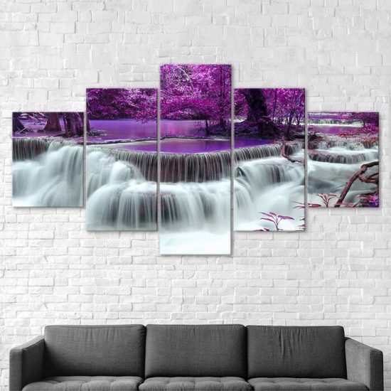 Waterfall in Purple Forest Canvas 5 Piece Five Panel Wall Print Modern Poster Wall Art Decor 2