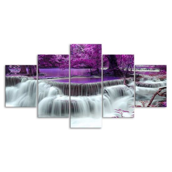 Waterfall in Purple Forest Canvas 5 Piece Five Panel Wall Print Modern Poster Wall Art Decor 3