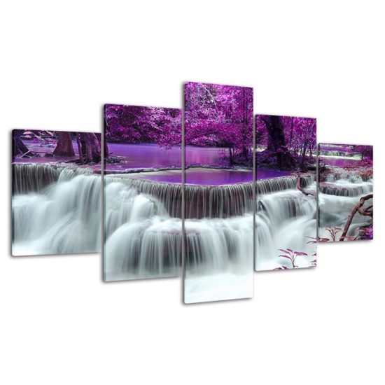 Waterfall in Purple Forest Canvas 5 Piece Five Panel Wall Print Modern Poster Wall Art Decor 4