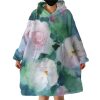 White Flowers & Green Leaves Watercolor Painting Hoodie Wearable Blanket WB0693