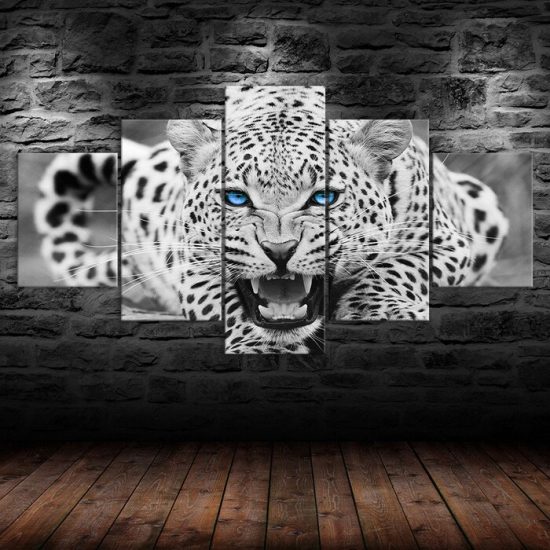 White Leopard Bright Blue Eyes 5 Piece Five Panel Wall Canvas Print Modern Art Poster Wall Art Decor 1