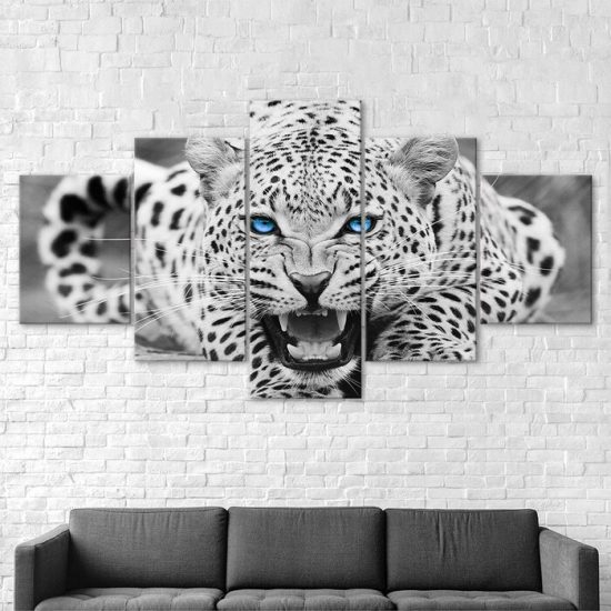White Leopard Bright Blue Eyes 5 Piece Five Panel Wall Canvas Print Modern Art Poster Wall Art Decor 2