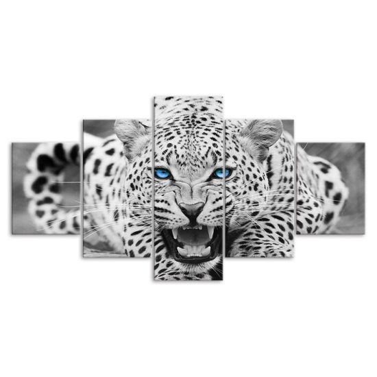 White Leopard Bright Blue Eyes 5 Piece Five Panel Wall Canvas Print Modern Art Poster Wall Art Decor 3