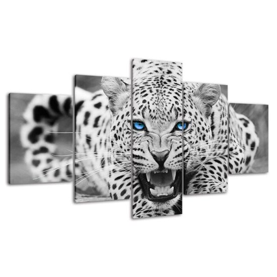 White Leopard Bright Blue Eyes 5 Piece Five Panel Wall Canvas Print Modern Art Poster Wall Art Decor 4