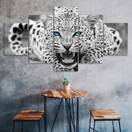 White Leopard Bright Blue Eyes 5 Piece Five Panel Wall Canvas Print Modern Art Poster Wall Art Decor