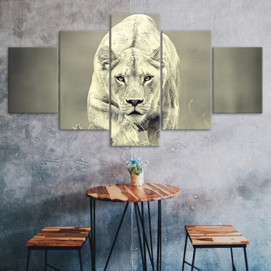 White Lioness Sneaking Wildlife Lion Animal 5 Piece Five Panel Wall Canvas Print Modern Poster Wall Art Decor