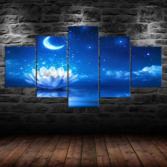 White Lotus Water Lily Flower Moonlight Night Scenery 5 Piece Five Panel Canvas Print Modern Poster Wall Art Decor 1
