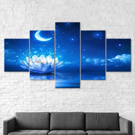 White Lotus Water Lily Flower Moonlight Night Scenery 5 Piece Five Panel Canvas Print Modern Poster Wall Art Decor 2