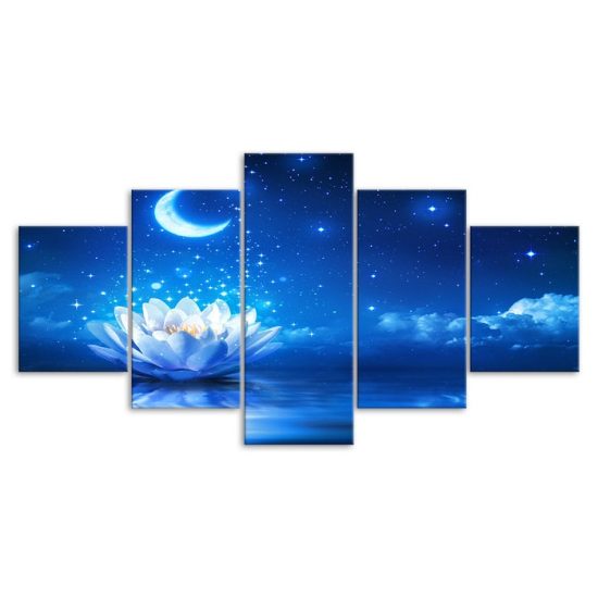White Lotus Water Lily Flower Moonlight Night Scenery 5 Piece Five Panel Canvas Print Modern Poster Wall Art Decor 3