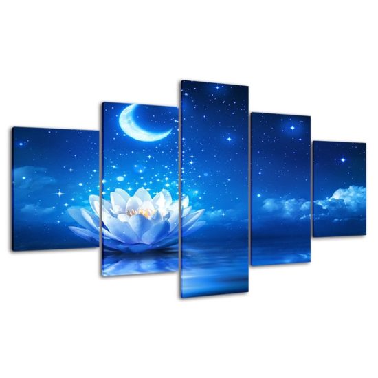 White Lotus Water Lily Flower Moonlight Night Scenery 5 Piece Five Panel Canvas Print Modern Poster Wall Art Decor 4