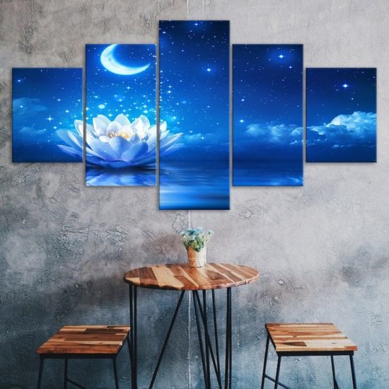 White Lotus Water Lily Flower Moonlight Night Scenery 5 Piece Five Panel Canvas Print Modern Poster Wall Art Decor