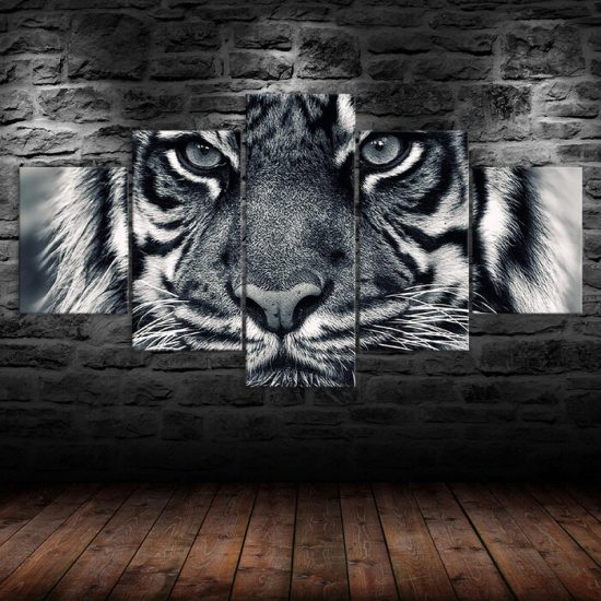 White Tiger Face 5 Piece Five Panel Wall Canvas Print Modern Poster Picture Home Decor 1