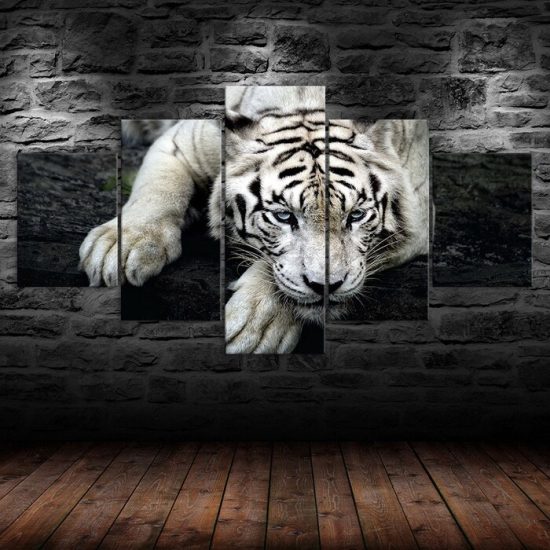 White Tiger Face Wildlife Animal 5 Piece Five Panel Wall Canvas Print Modern Poster Picture Home Decor 1