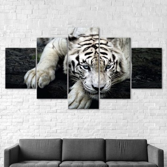 White Tiger Face Wildlife Animal 5 Piece Five Panel Wall Canvas Print Modern Poster Picture Home Decor 2