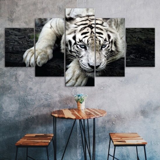 White Tiger Face Wildlife Animal 5 Piece Five Panel Wall Canvas Print Modern Poster Picture Home Decor