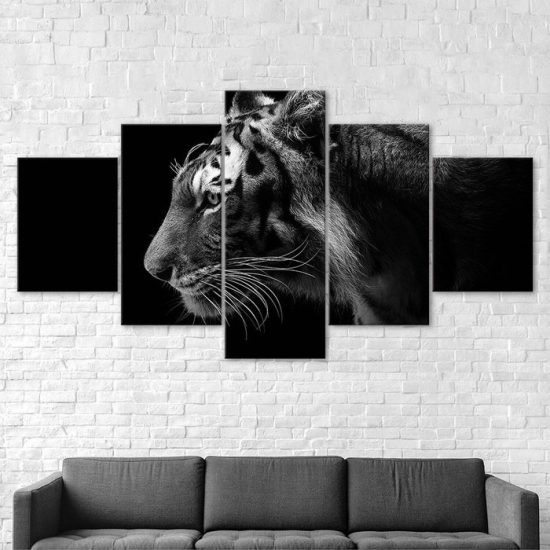 Wild Tiger Animal Black White Scene 5 Piece Five Panel Wall Canvas Print Modern Art Poster Wall Art Decor 2
